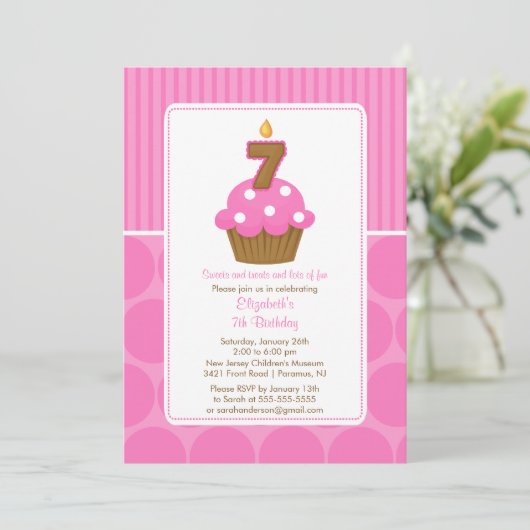 Cupcake Birthday Invitation 7th Birthday Pink Kaart (Staand voorkant)