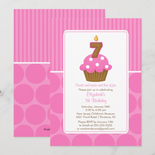 Cupcake Birthday Invitation 7th Birthday Pink Kaart (Voorkant / Achterkant)