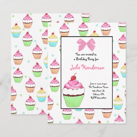 Cupcake Birthday Invitation Kaart (Voorkant / Achterkant)
