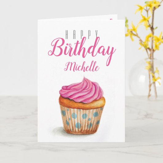 Cupcake Birthday Kaart met gepersonaliseerde naam (Gele Bloem)