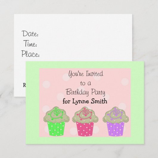 Cupcake Birthday Party Invitation Kaart (Voorkant / Achterkant)