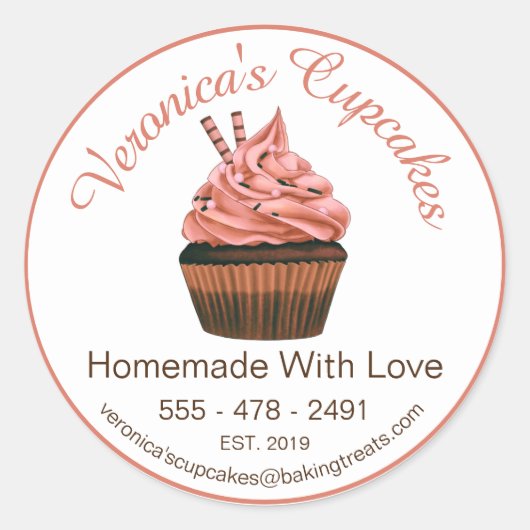 Cupcake Brown met contactgegevens Ronde Sticker (Voorkant)
