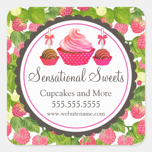Cupcake Cake Pop Raspberry Bakkerij Box Seals Vierkante Sticker (Voorkant)