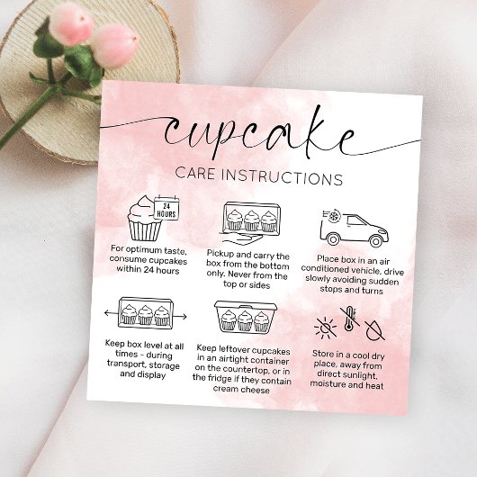 Cupcake Care Instructies Blush Roze Waterverf Vierkante Visitekaartje