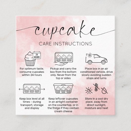 Cupcake Care Instructies Blush Roze Waterverf Vierkante Visitekaartje (Voorkant)