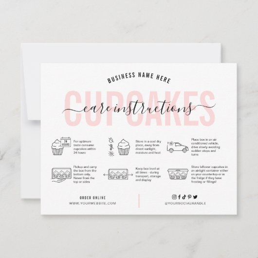 Cupcake Care Instructies Kaart Roze Esthetisch (Voorkant)