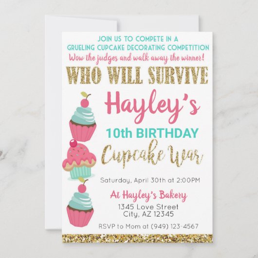 Cupcake Challenge Baking Pink & Mint Birthday Kaart (Voorkant)