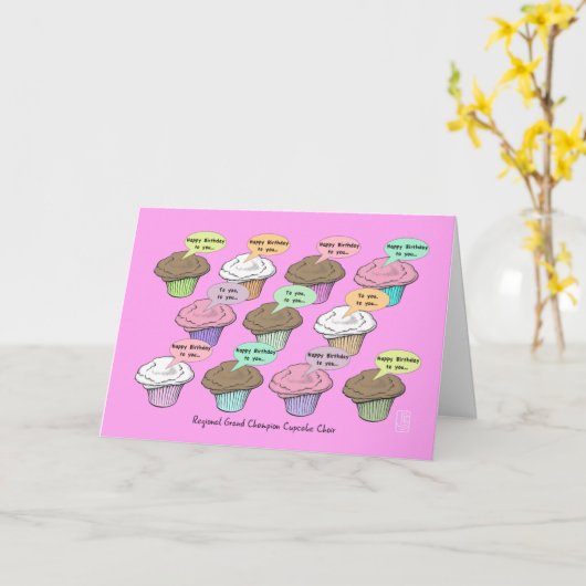 Cupcake Choir op roze verjaardag Kaart (Gele Bloem)