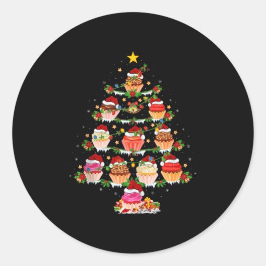 Cupcake Christmas Tree Lights Funny Fast Food Cupc Ronde Sticker (Voorkant)