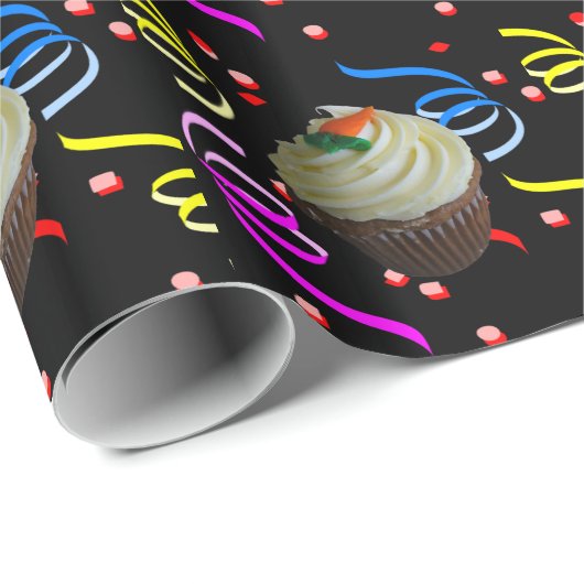 Cupcake Confetti Celebration Black verjaardagsfees Cadeaupapier (Rol Hoek)