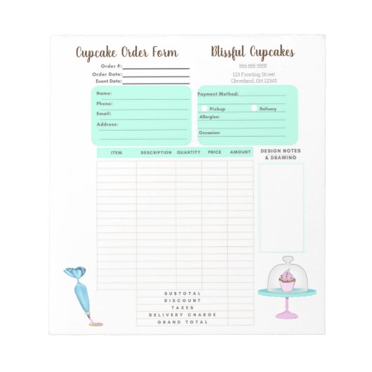 Cupcake Cookie Bakery Order Form Notitieblok (Voorkant)