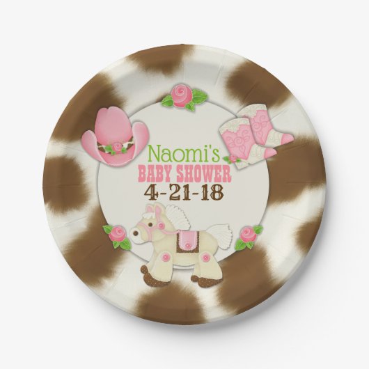Cupcake Cowgirl Baby Girl Shower 7-inch Bord papie (Voorkant)