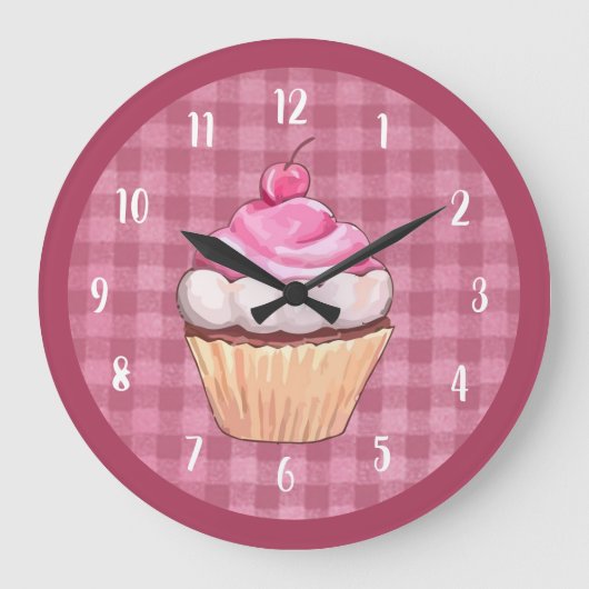 Cupcake Cute Pink Gingham Bakery Dessert Grote Klok (Voorkant)