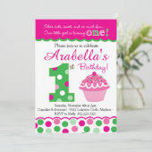 Cupcake Cutie Pie (Roze & Groen) Eerste Verjaardag Kaart (Staand voorkant)
