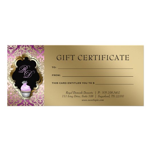 Cupcake Damask Gift Certificate Paars Gold Reclamekaart (Voorkant)