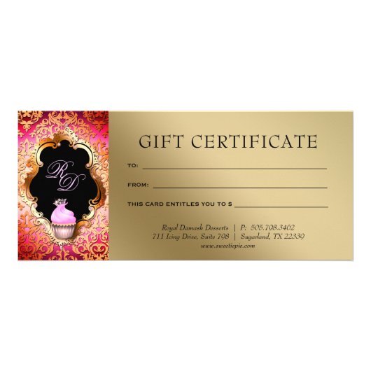 Cupcake Damask Gift Certificate Pink Gold Reclamekaart (Voorkant)