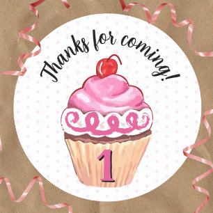 Cupcake Dank u Roze Meisje 1e Verjaardag Ronde Sticker