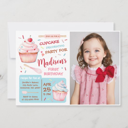 Cupcake Decorating Party Bakken Verjaardagsfoto Kaart (Voorkant)