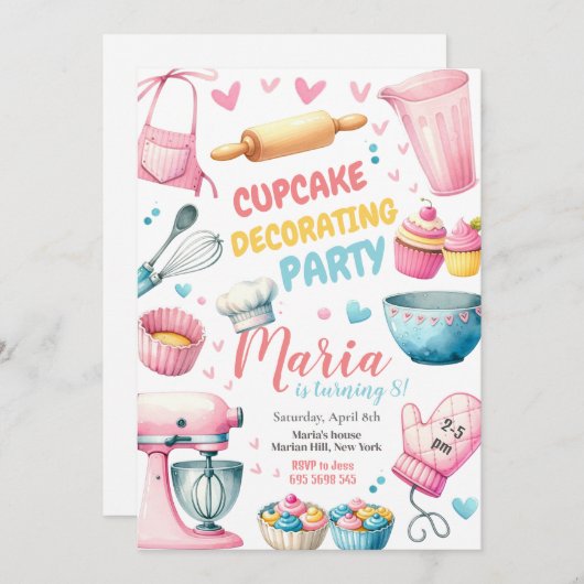 Cupcake Decoreren Meisje Kids Verjaardagsuitnodigi Kaart (Voorkant / Achterkant)