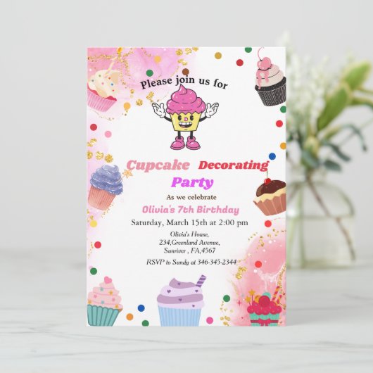 Cupcake decoreren verjaardag, kind bakken bash kaart (Staand voorkant)