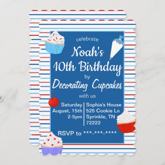 Cupcake decoreren verjaardag uitnodiging rood blau (Voorkant / Achterkant)