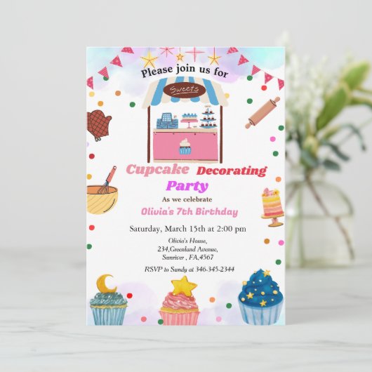 Cupcake decoreren verjaardagsfeestje, zoete cupcak kaart (Staand voorkant)