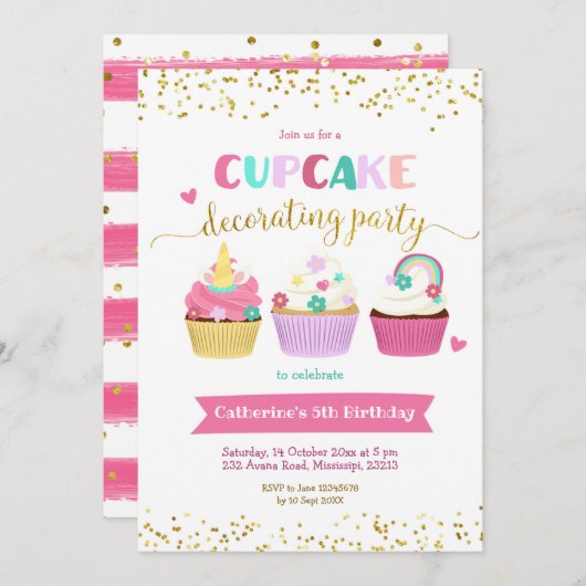 Cupcake Decorting Party Invitation Kaart (Voorkant / Achterkant)