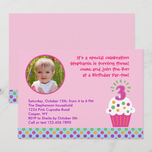 Cupcake - Derde verjaardag Fotouitnodiging Kaart (Voorkant / Achterkant)