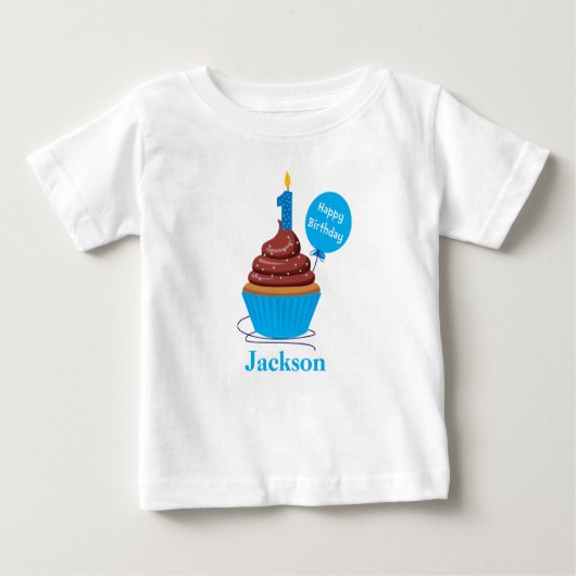 Cupcake eerste verjaardag Tshirt blauw gepersonali (Voorkant)