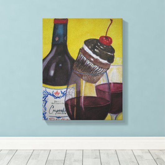 Cupcake en Cupcake Wijn Canvas Afdruk (Insitu (Houten vloer))