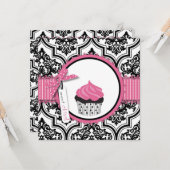 Cupcake en Damask Print Birthday Kaart (Voorkant / Achterkant in situ)