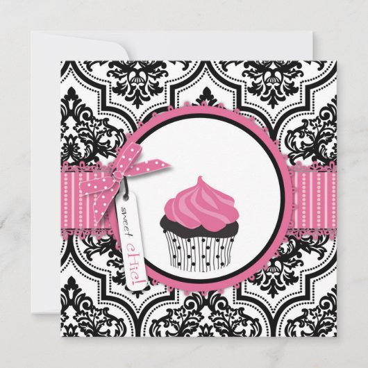 Cupcake en Damask Print Birthday Kaart (Voorkant)