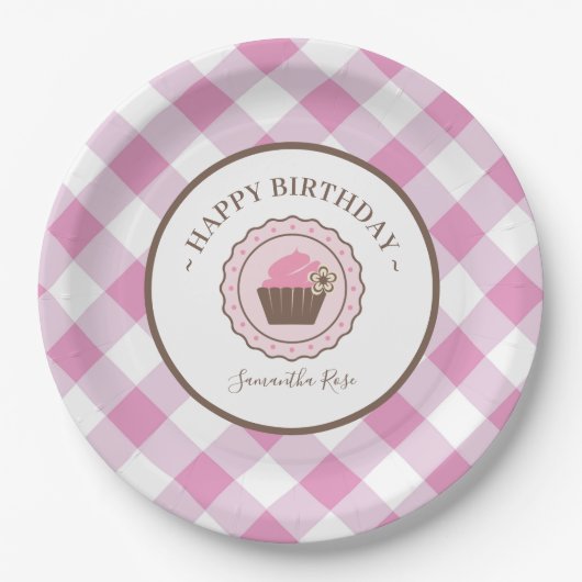 Cupcake en Pink Gingham BBQ Papieren Bordje (Voorkant)