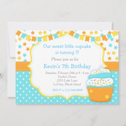 Cupcake en Sprinkles Blue verjaardagsfeestje Kaart (Voorkant)