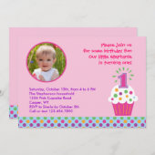 Cupcake First Birthday Party Photo Invitation Kaart (Voorkant / Achterkant)