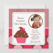 Cupcake Foto van Birthday Uitnodiging Cherry Pink  (Voorkant)