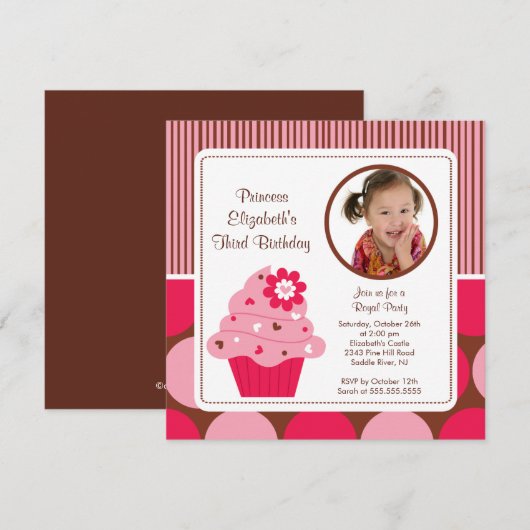 Cupcake Foto van Birthday Uitnodiging Roze Bloem (Voorkant / Achterkant)