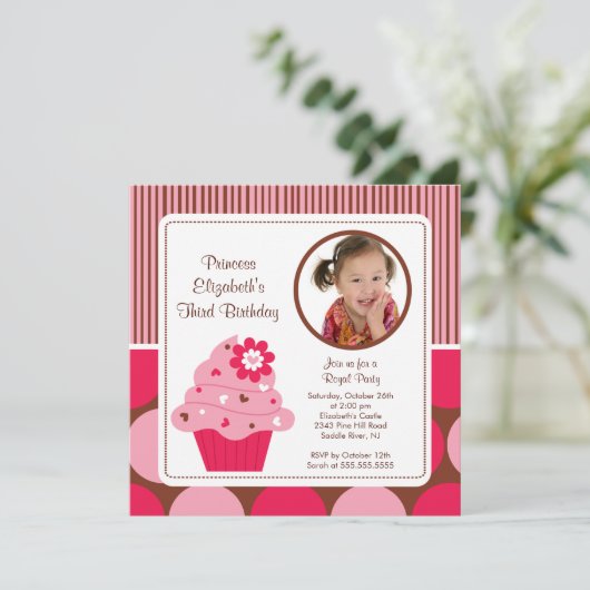 Cupcake Foto van Birthday Uitnodiging Roze Bloem (Staand voorkant)