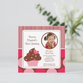 Cupcake Foto van Birthday Uitnodiging Roze Polka D (Staand voorkant)