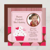 Cupcake Foto van Birthday Uitnodiging Roze Polka D (Voorkant / Achterkant)