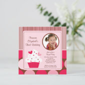 Cupcake Foto van Birthday Uitnodiging Roze Polka D (Staand voorkant)