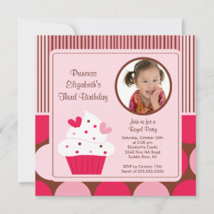 Cupcake Foto van Birthday Uitnodiging Roze Polka D