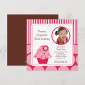 Cupcake Foto van Birthday Uitnodiging Roze Stippen (Voorkant / Achterkant)