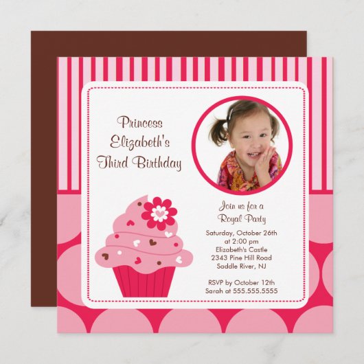 Cupcake Foto van Birthday Uitnodiging Roze Stippen (Voorkant / Achterkant)