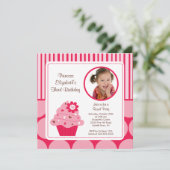 Cupcake Foto van Birthday Uitnodiging Roze Stippen (Staand voorkant)