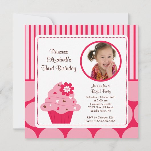 Cupcake Foto van Birthday Uitnodiging Roze Stippen (Voorkant)