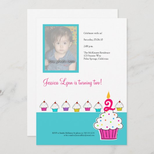 Cupcake Fotouitnodiging, Birthday Party Kaart (Voorkant / Achterkant)