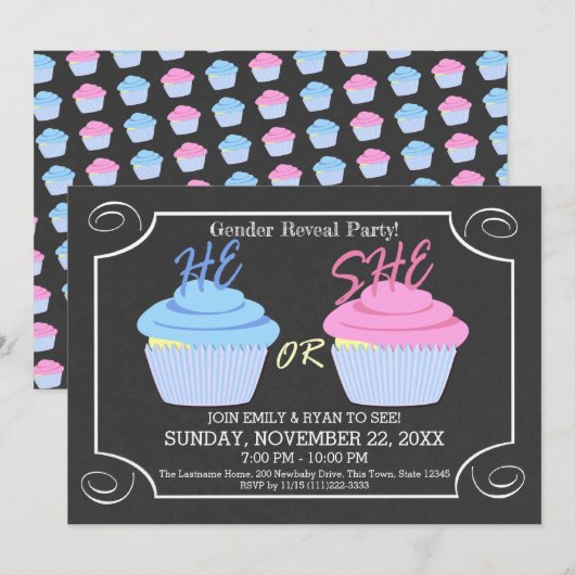 Cupcake Gender Reveal Party Kaart (Voorkant / Achterkant)