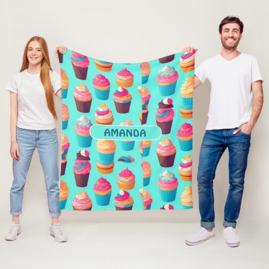 Cupcake geometrisch kleurrijk gepersonaliseerd pat fleece deken (In situ)