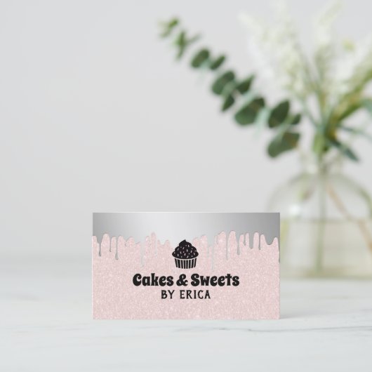 Cupcake Home Bakery Silver Drift Blush Pink Visitekaartje (Staand voorkant)
